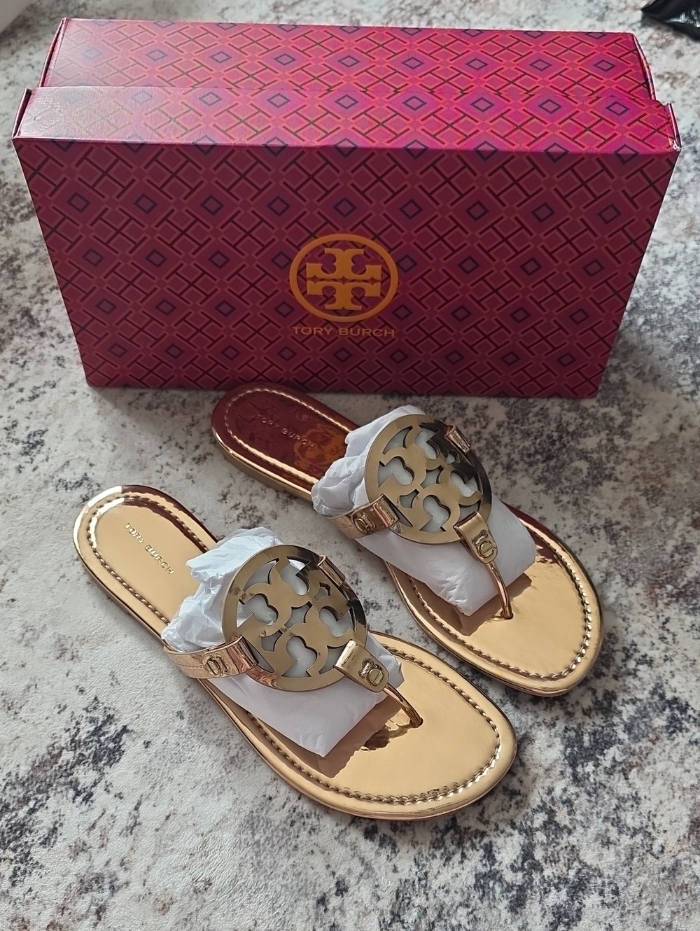 Tory Burch Metallic Rose Gold Logo Thong Sandals
